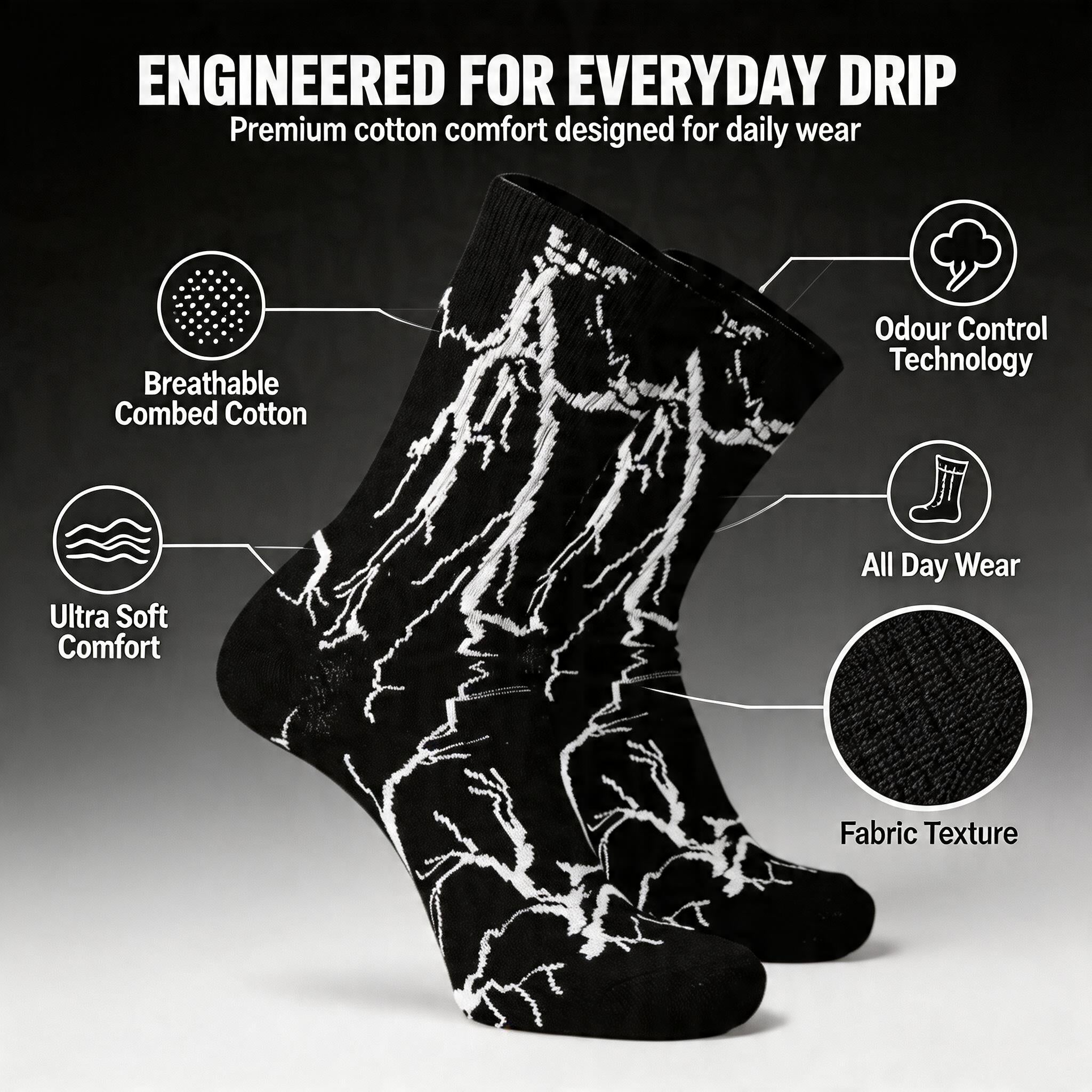 DRIPPP Thunder Crew Socks (Single Pair) | Lightning Design Aesthetic Socks | Premium Cotton Streetwear Socks