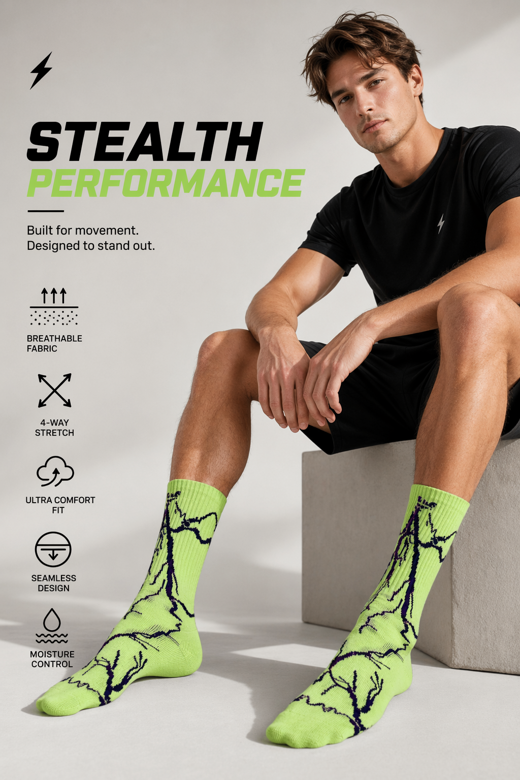 DRIPPP Thunder Crew Socks (Single Pair) | Lightning Design Aesthetic Socks | Premium Cotton Streetwear Socks