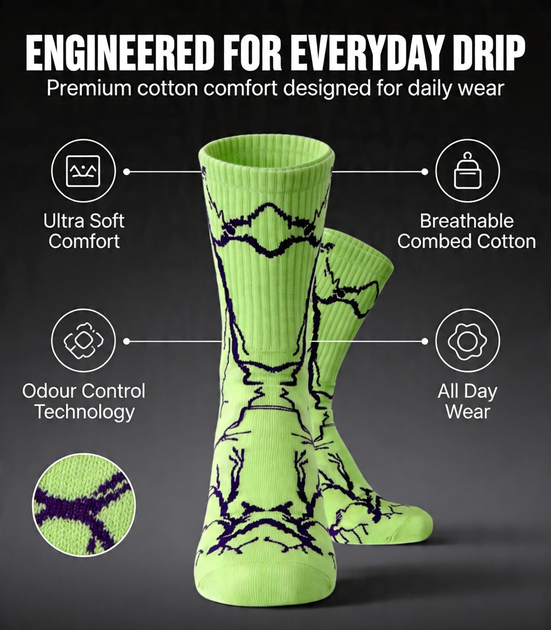 DRIPPP Thunder Crew Socks (Single Pair) | Lightning Design Aesthetic Socks | Premium Cotton Streetwear Socks