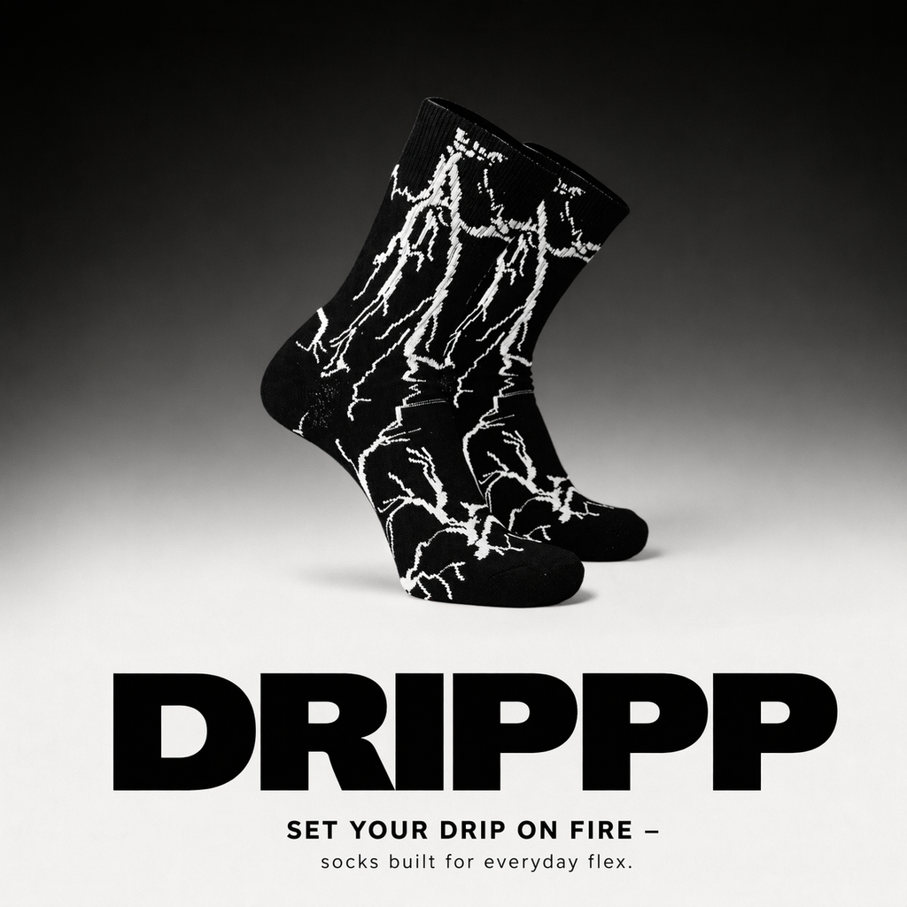 DRIPPP Thunder Crew Socks (Single Pair) | Lightning Design Aesthetic Socks | Premium Cotton Streetwear Socks