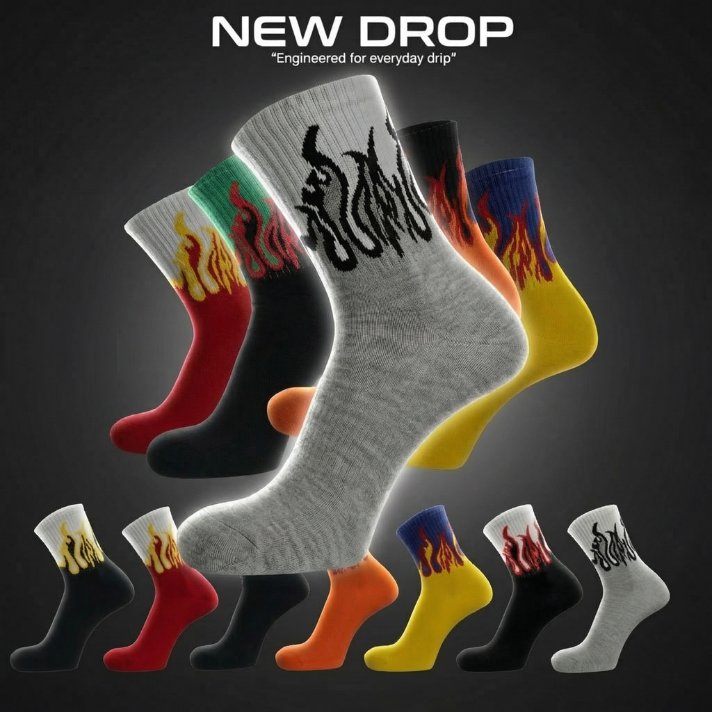 7 Pack Fire Flame Crew Socks | Aesthetic Streetwear Socks Combo | Soft Cotton Daily Wear