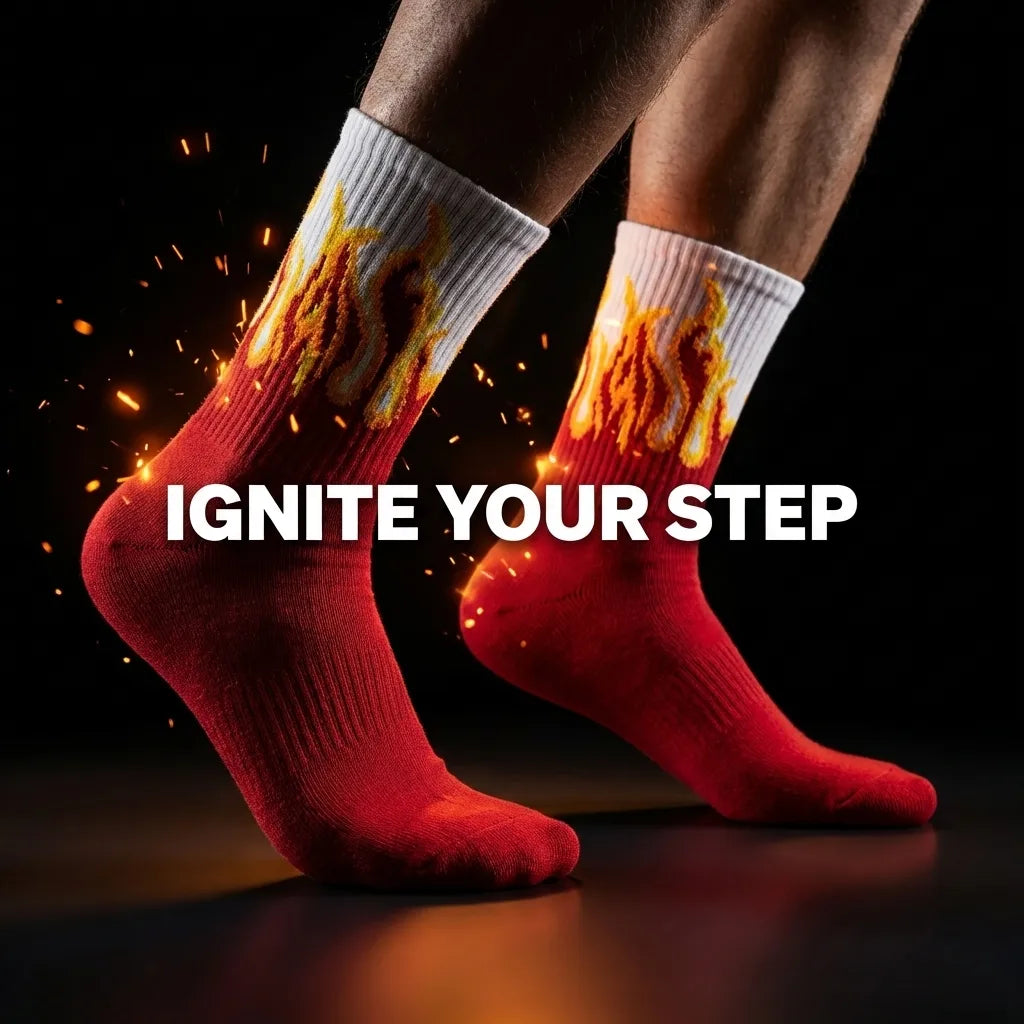 Red Flame Crew Socks (Single Pair) | Fire Design Streetwear Socks | Soft Cotton Free Size