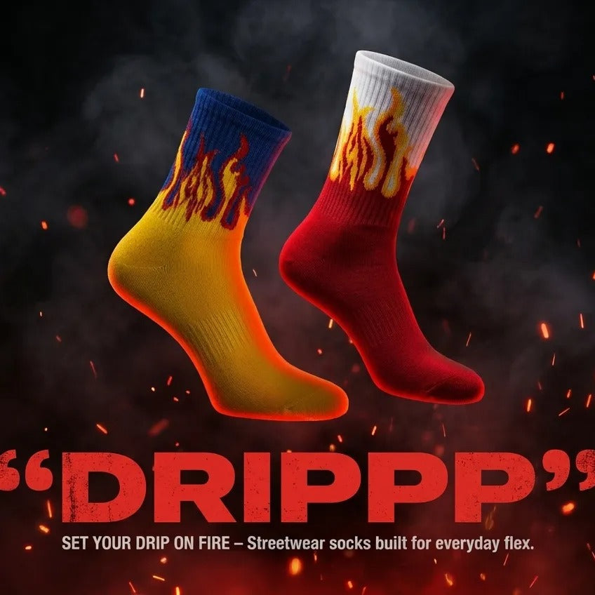 DRIPPP Flame Crew Socks Pack of 2 | Streetwear Fire Design Socks | Premium Cotton Aesthetic Socks