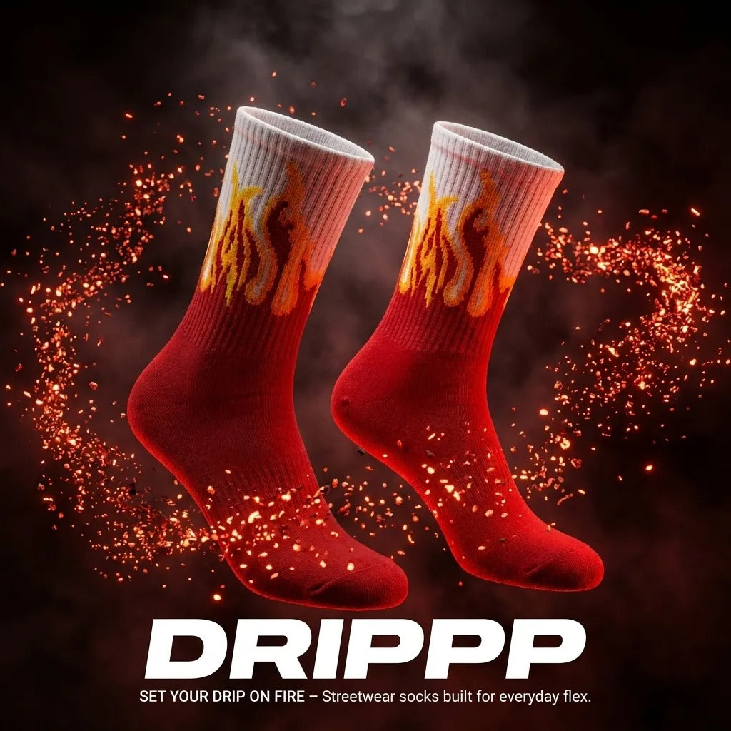Red Flame Crew Socks (Single Pair) | Fire Design Streetwear Socks | Soft Cotton Free Size