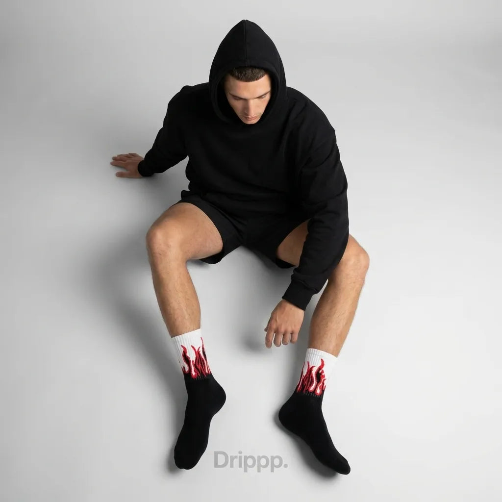 Red Flame Crew Socks (Single Pair) | Fire Aesthetic Streetwear Socks | Premium Cotton DRIP Style