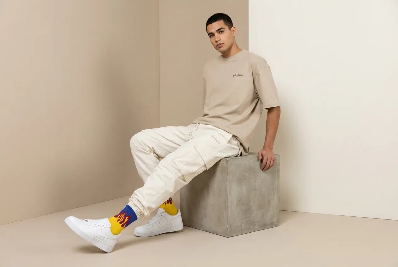 DRIPPP Flame Crew Socks Pack of 2 | Streetwear Fire Design Socks | Premium Cotton Aesthetic Socks