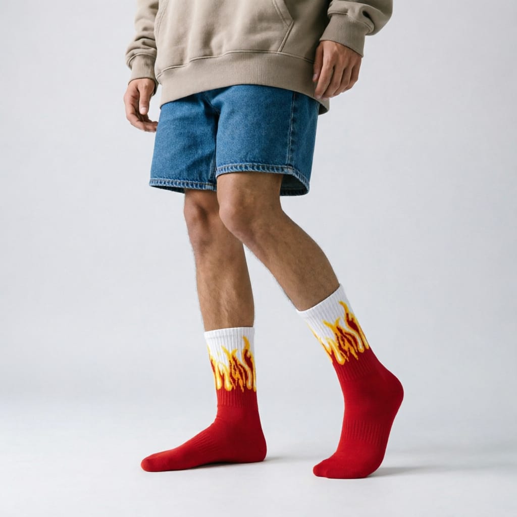 Men Flame Design Crew Socks Pack of 3 | Streetwear Fire Socks | Premium Cotton Aesthetic Socks