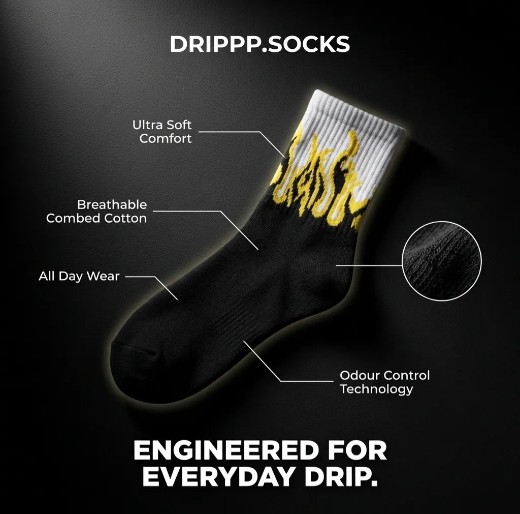 Flame Crew Socks (Single Pair) | Black & Yellow Fire Design Socks | Premium Cotton Aesthetic Streetwear