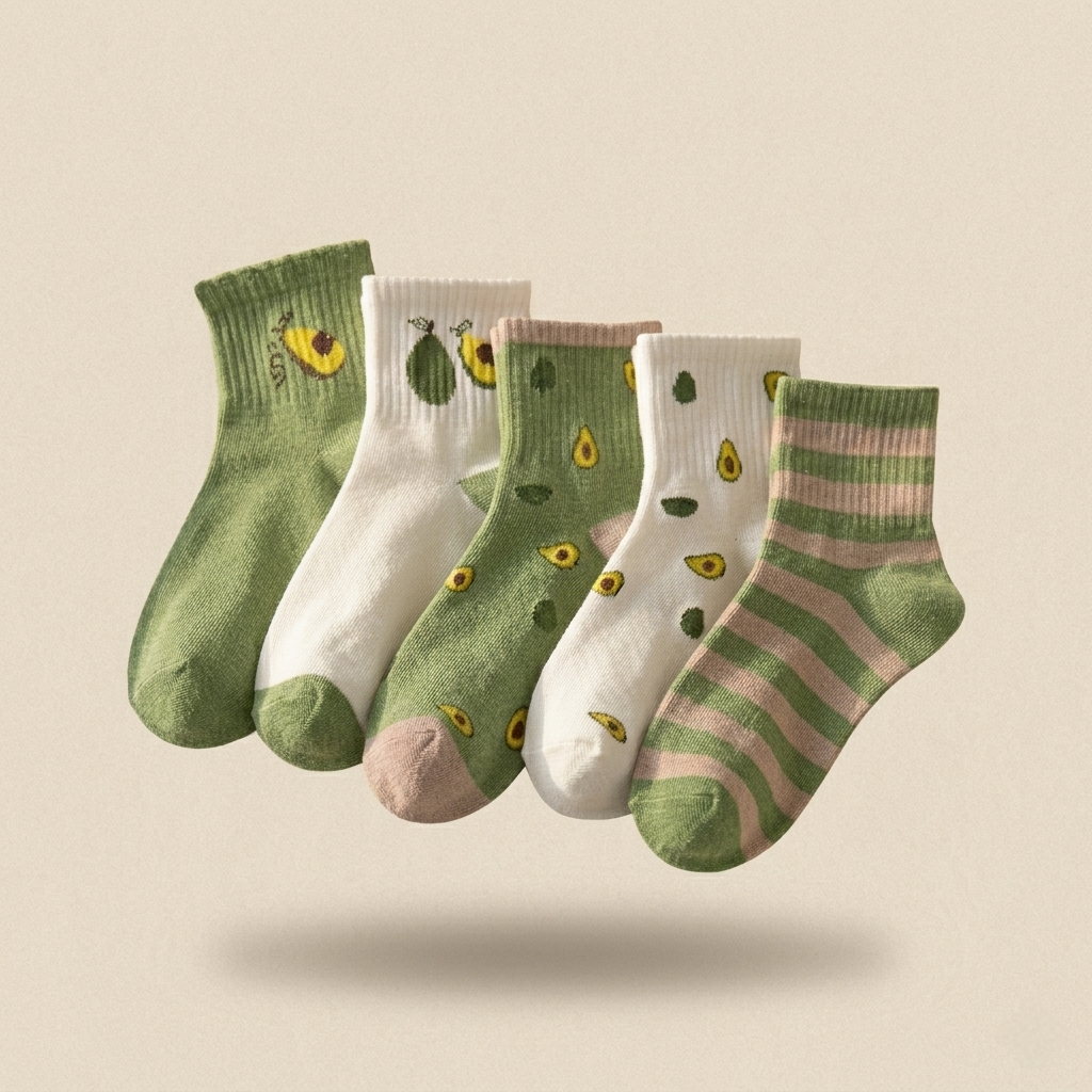 Avocado Aesthetic Socks Pack of 5 | Cute Cotton Crew Socks | Soft & Breathable Everyday Socks