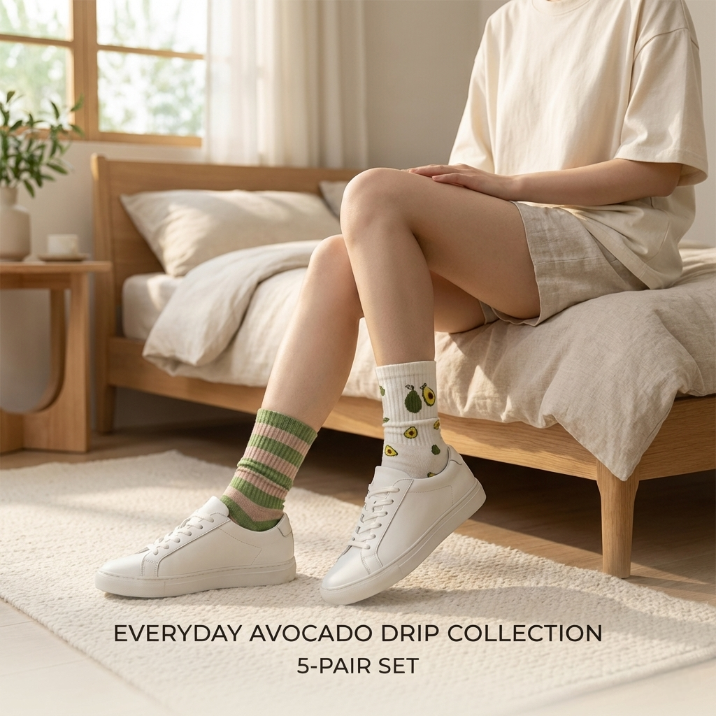 Avocado Aesthetic Socks Pack of 5 | Cute Cotton Crew Socks | Soft & Breathable Everyday Socks
