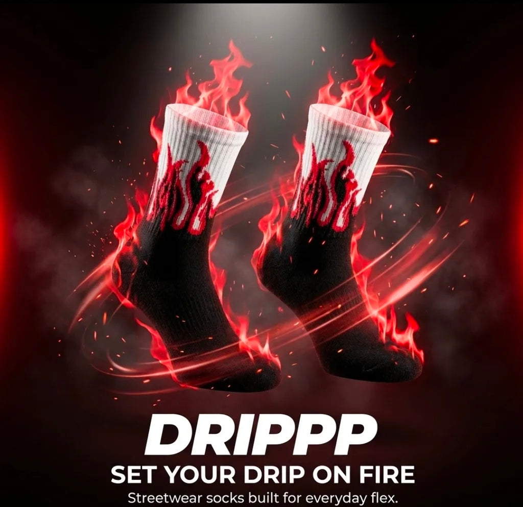 Red Flame Crew Socks (Single Pair) | Fire Aesthetic Streetwear Socks | Premium Cotton DRIP Style