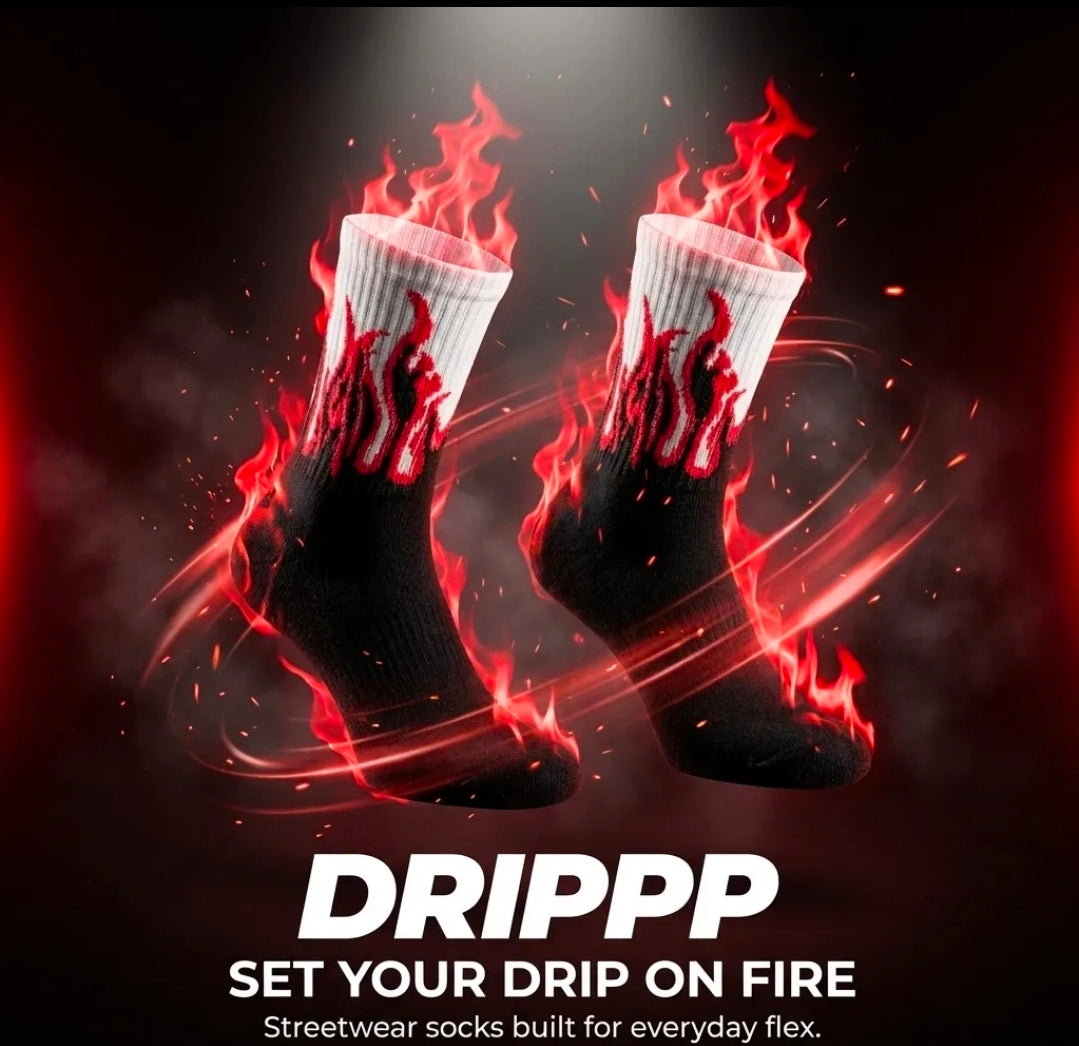 Red Flame Crew Socks (Single Pair) | Fire Aesthetic Streetwear Socks | Premium Cotton DRIP Style