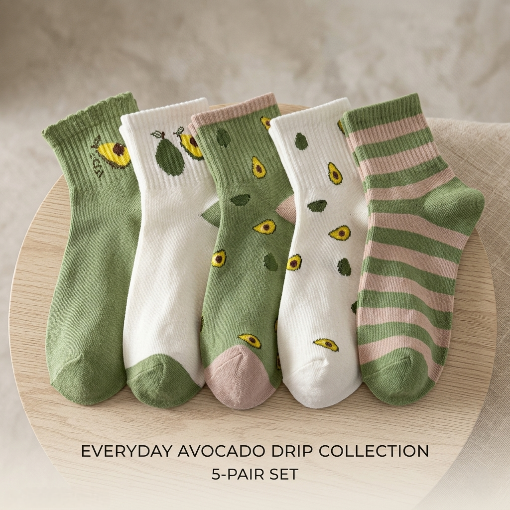 Avocado Aesthetic Socks Pack of 5 | Cute Cotton Crew Socks | Soft & Breathable Everyday Socks