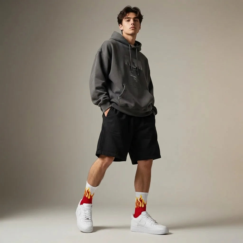 Red Flame Crew Socks (Single Pair) | Fire Design Streetwear Socks | Soft Cotton Free Size