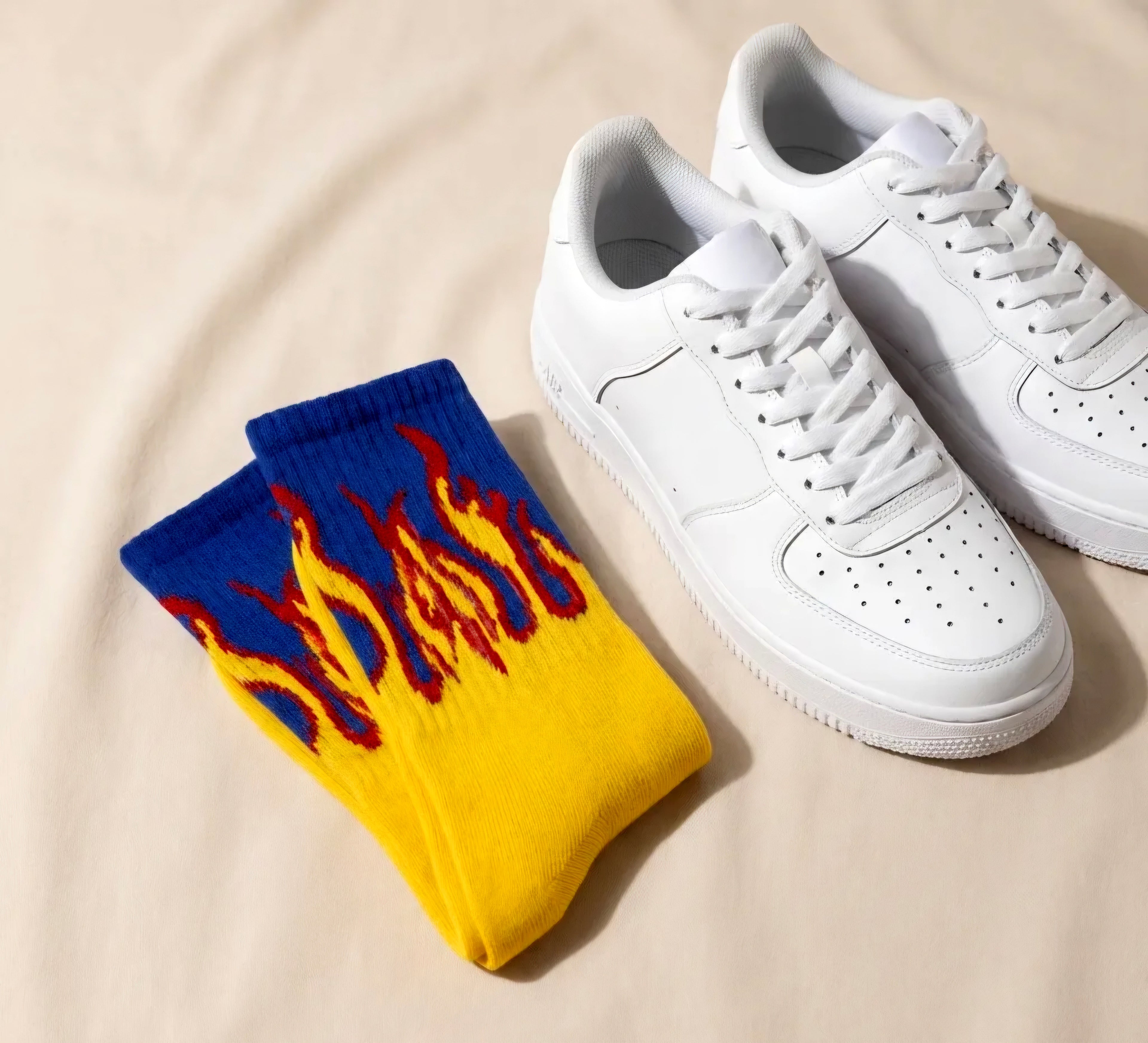 Blue Flame Crew Socks (Single Pair) | Yellow Fire Streetwear Socks | Premium Cotton Aesthetic Socks