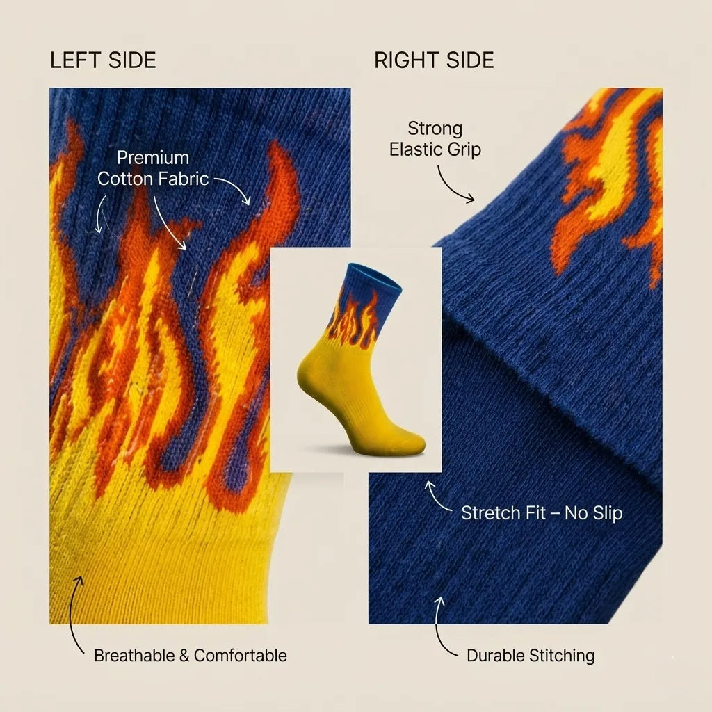 Men Flame Design Crew Socks Pack of 3 | Streetwear Fire Socks | Premium Cotton Aesthetic Socks