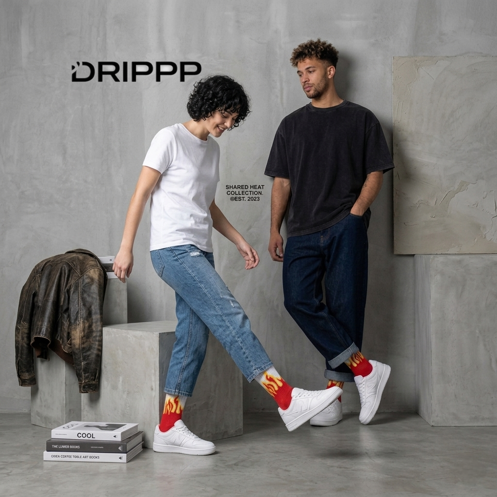 DRIPPP Flame Crew Socks Pack of 2 | Streetwear Fire Design Socks | Premium Cotton Aesthetic Socks