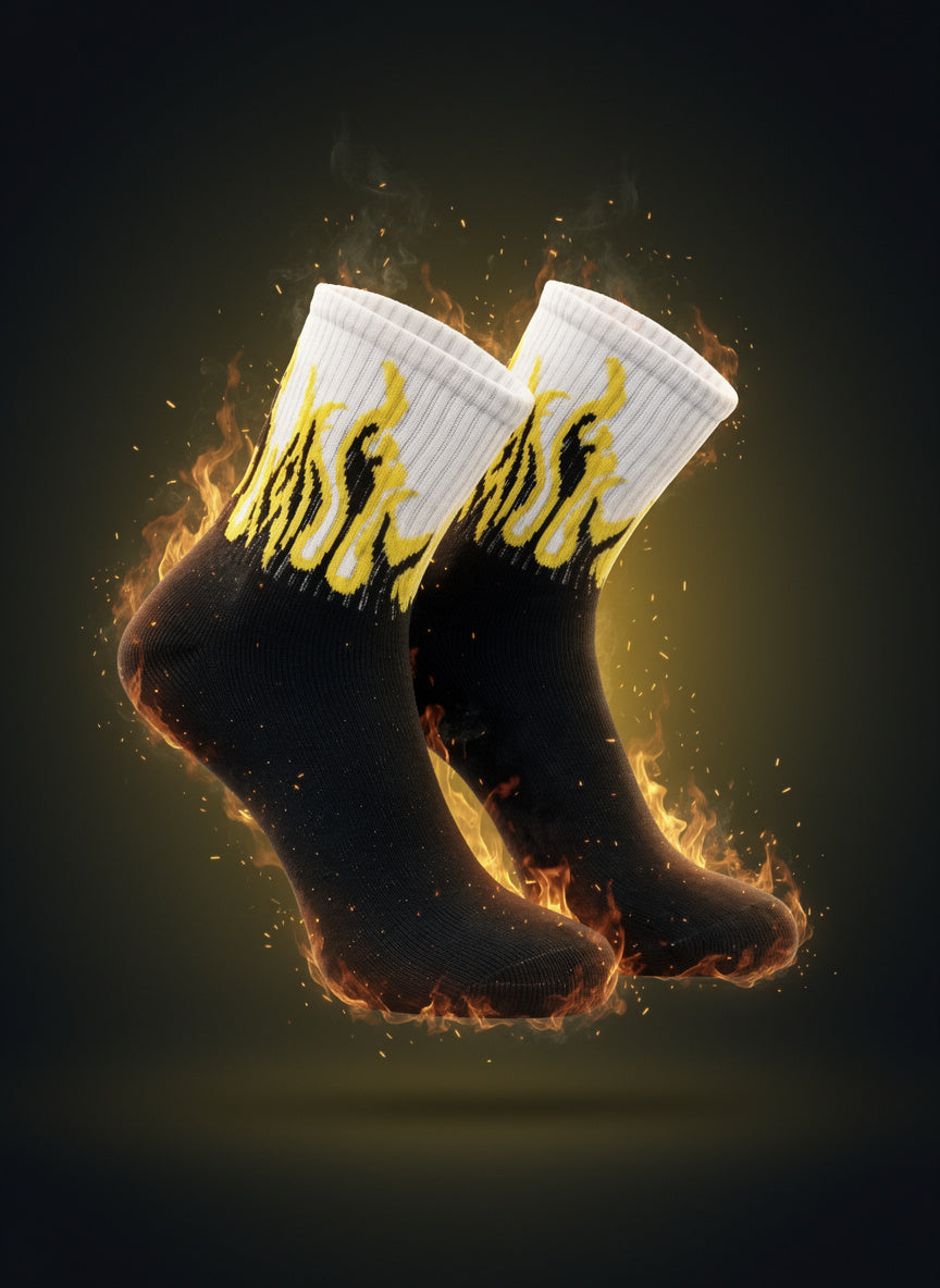 Flame Crew Socks (Single Pair) | Black & Yellow Fire Design Socks | Premium Cotton Aesthetic Streetwear