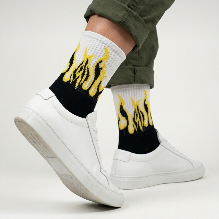 Flame Crew Socks (Single Pair) | Black & Yellow Fire Design Socks | Premium Cotton Aesthetic Streetwear