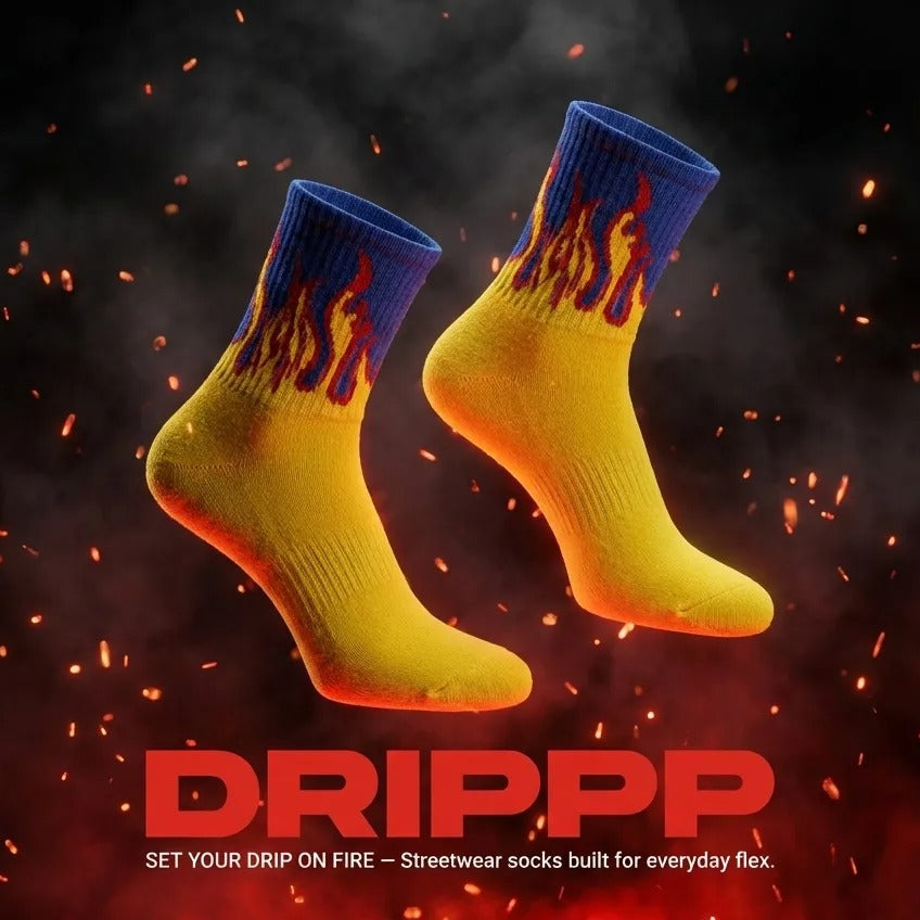 Blue Flame Crew Socks (Single Pair) | Yellow Fire Streetwear Socks | Premium Cotton Aesthetic Socks
