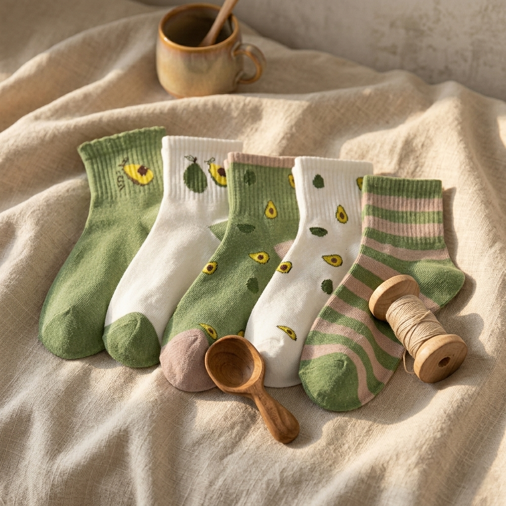 Avocado Aesthetic Socks Pack of 5 | Cute Cotton Crew Socks | Soft & Breathable Everyday Socks