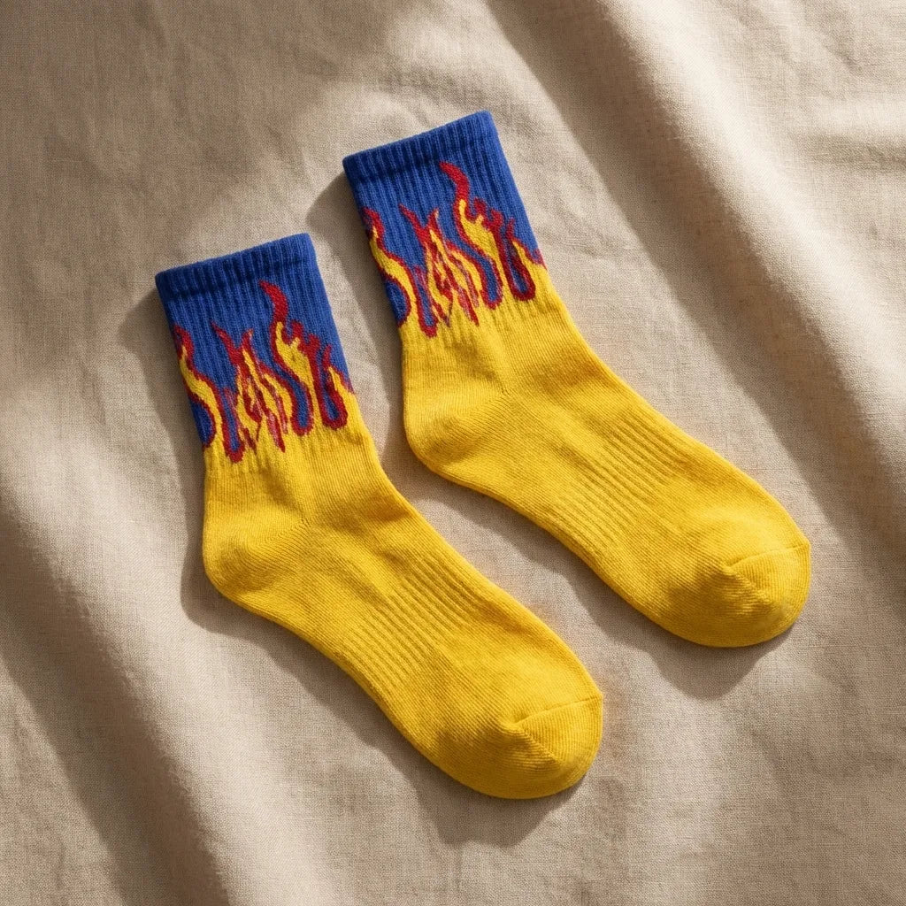 Blue Flame Crew Socks (Single Pair) | Yellow Fire Streetwear Socks | Premium Cotton Aesthetic Socks
