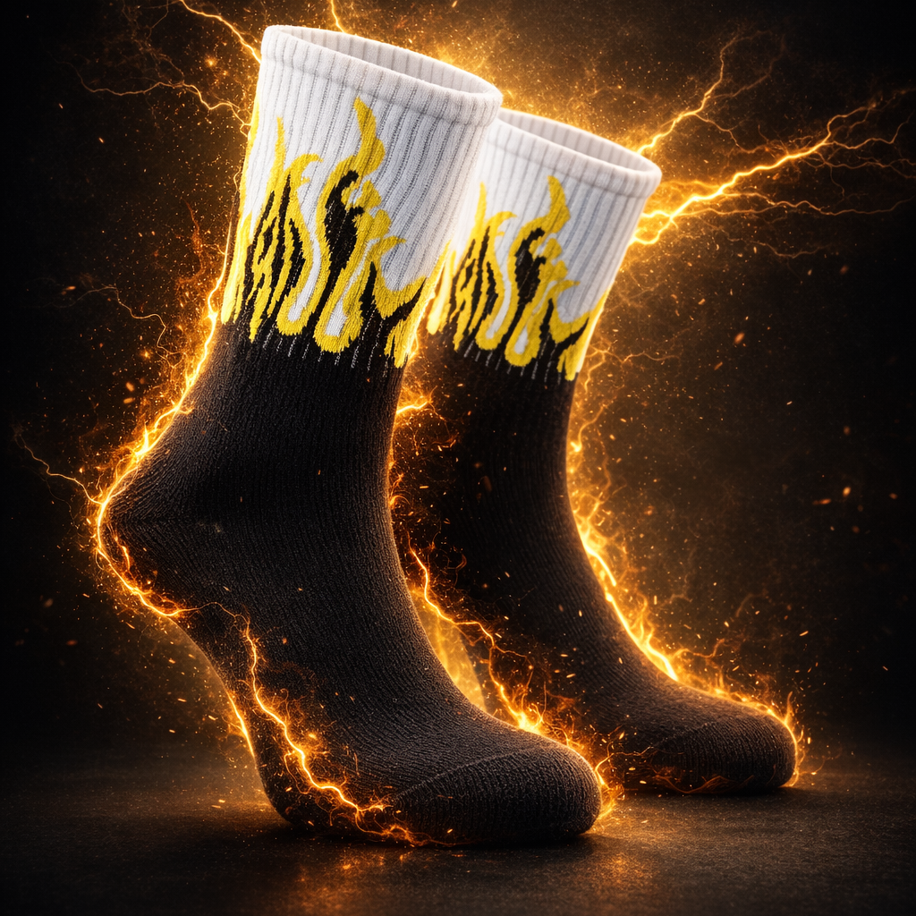 Flame Crew Socks (Single Pair) | Black & Yellow Fire Design Socks | Premium Cotton Aesthetic Streetwear