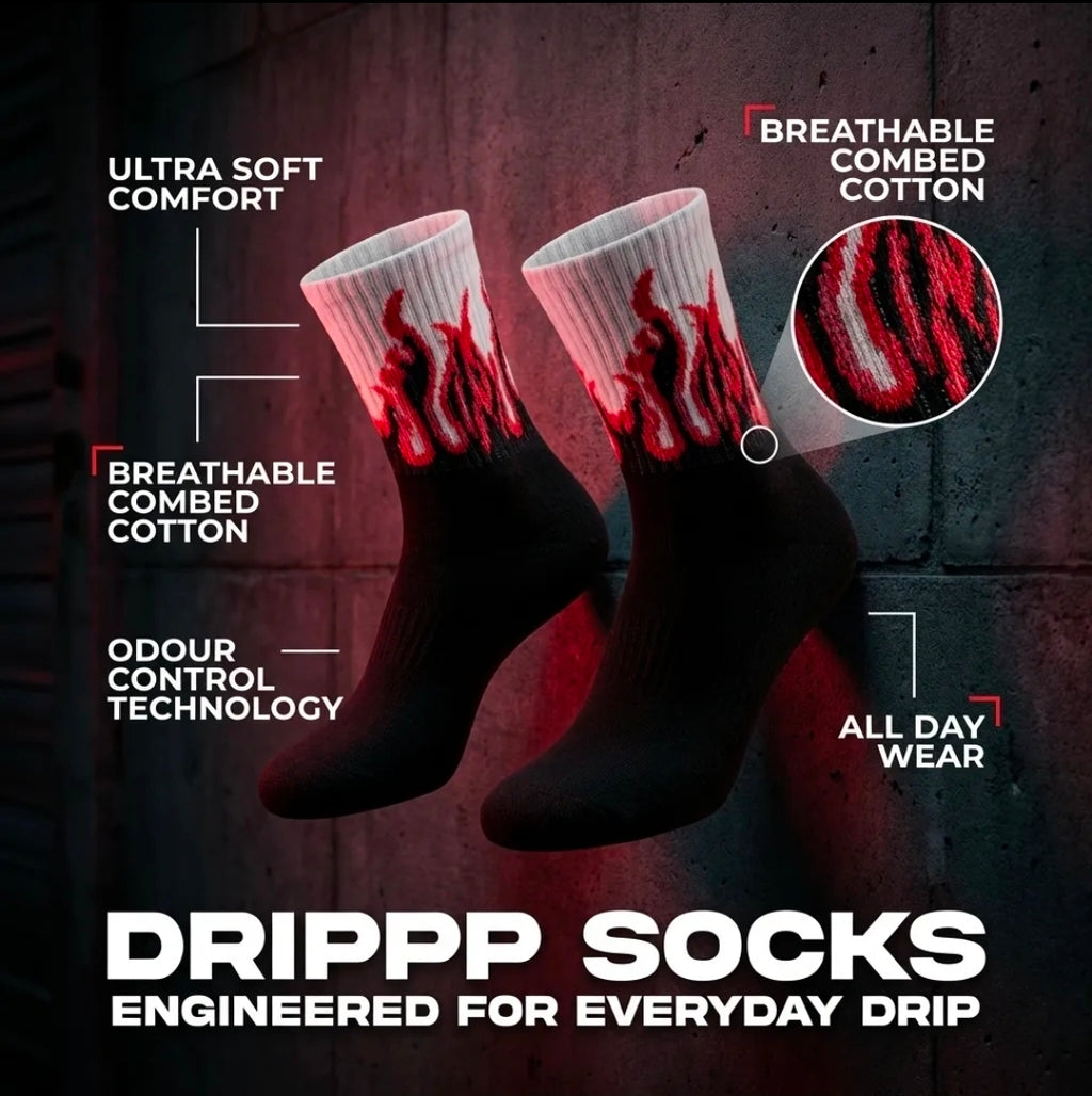 Red Flame Crew Socks (Single Pair) | Fire Aesthetic Streetwear Socks | Premium Cotton DRIP Style