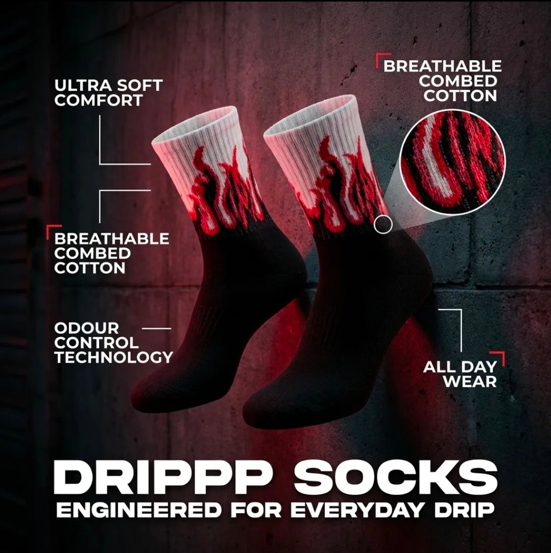 Red Flame Crew Socks (Single Pair) | Fire Aesthetic Streetwear Socks | Premium Cotton DRIP Style