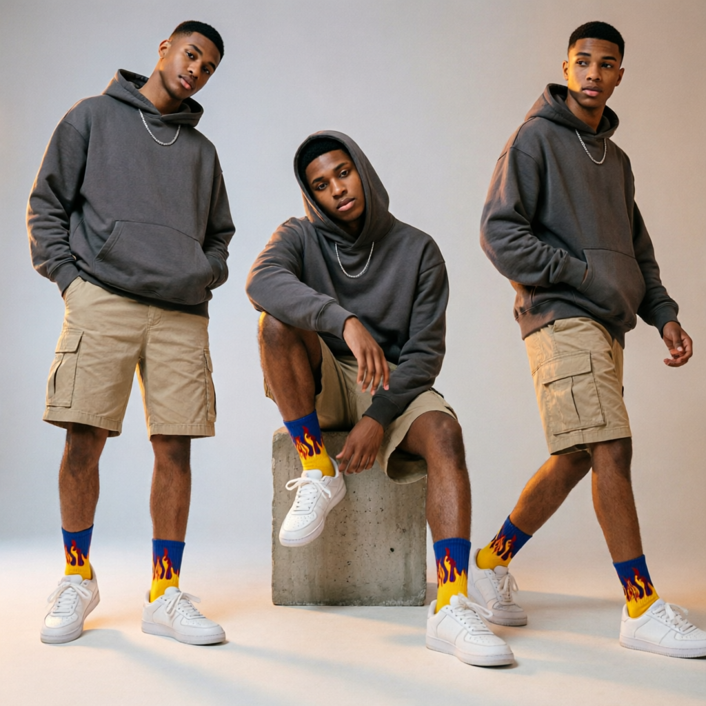 Blue Flame Crew Socks (Single Pair) | Yellow Fire Streetwear Socks | Premium Cotton Aesthetic Socks