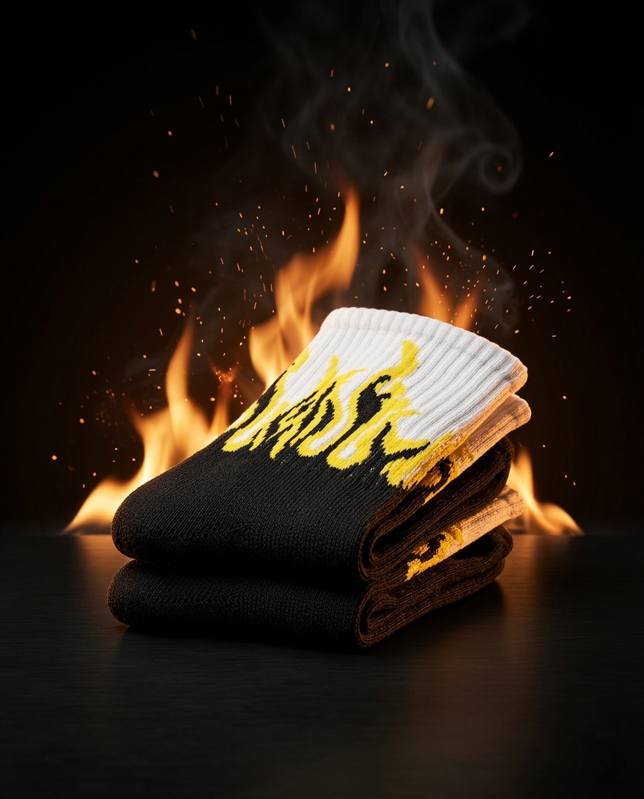 Flame Crew Socks (Single Pair) | Black & Yellow Fire Design Socks | Premium Cotton Aesthetic Streetwear