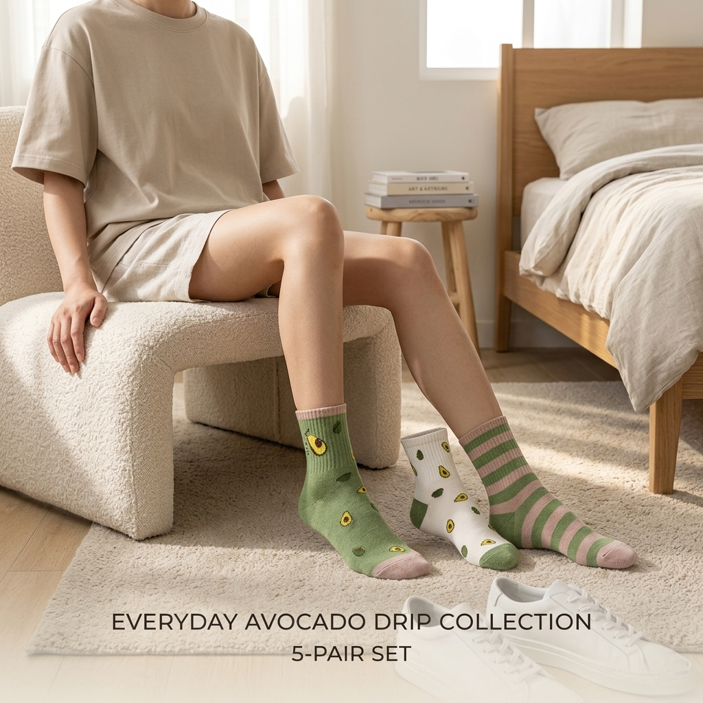 Avocado Aesthetic Socks Pack of 5 | Cute Cotton Crew Socks | Soft & Breathable Everyday Socks