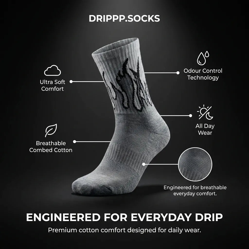 Drippp Grey Ignite Flame Socks Premium Athletic Socks – Comfortable Gym & Everyday Wear