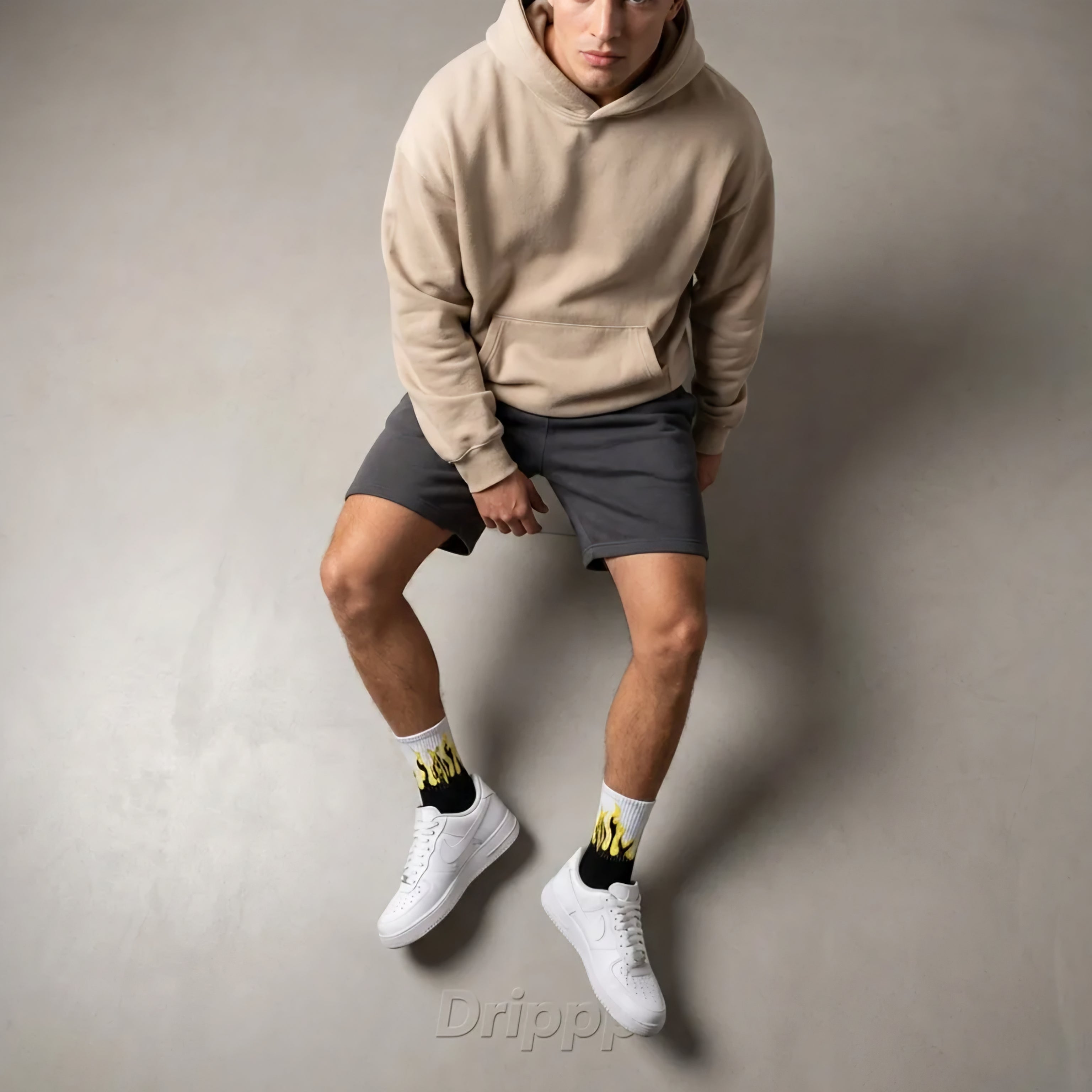 Flame Crew Socks (Single Pair) | Black & Yellow Fire Design Socks | Premium Cotton Aesthetic Streetwear