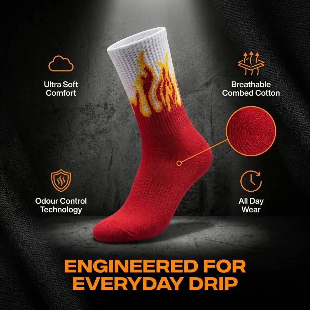 Red Flame Crew Socks (Single Pair) | Fire Design Streetwear Socks | Soft Cotton Free Size