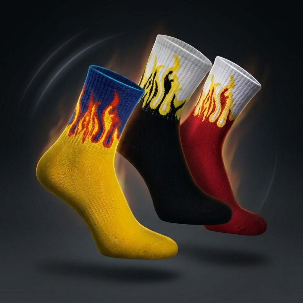 Men Flame Design Crew Socks Pack of 3 | Streetwear Fire Socks | Premium Cotton Aesthetic Socks