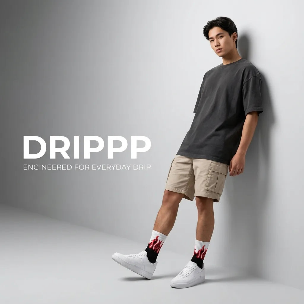 Red Flame Crew Socks (Single Pair) | Fire Aesthetic Streetwear Socks | Premium Cotton DRIP Style