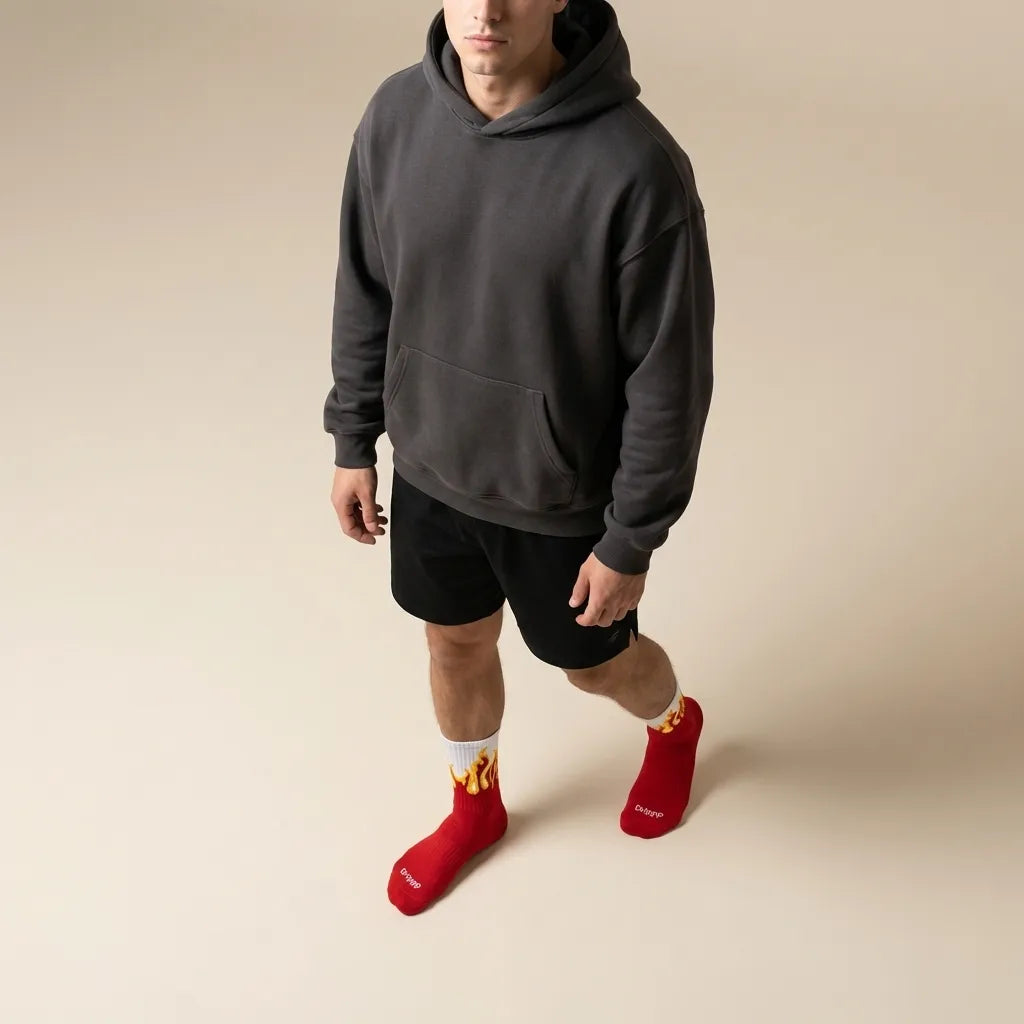 Red Flame Crew Socks (Single Pair) | Fire Design Streetwear Socks | Soft Cotton Free Size