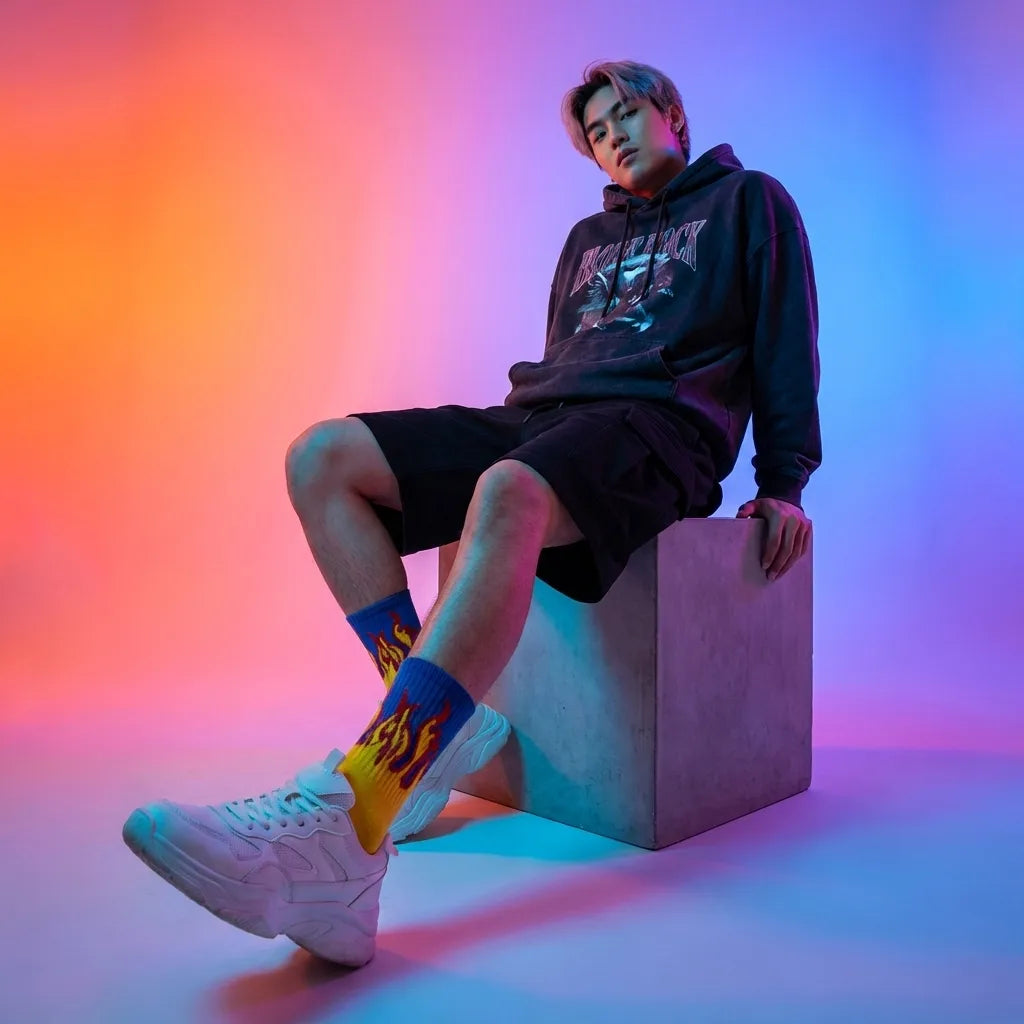 Men Flame Design Crew Socks Pack of 3 | Streetwear Fire Socks | Premium Cotton Aesthetic Socks