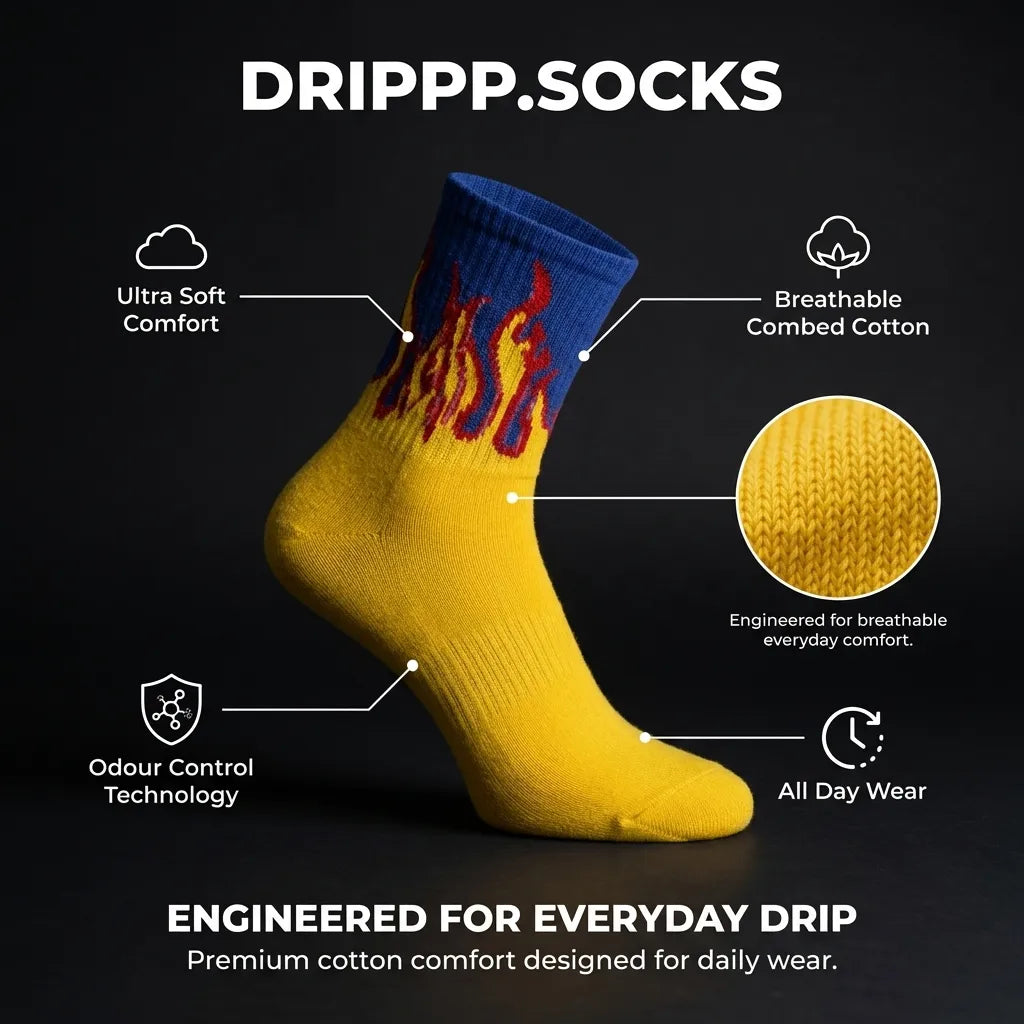 Blue Flame Crew Socks (Single Pair) | Yellow Fire Streetwear Socks | Premium Cotton Aesthetic Socks