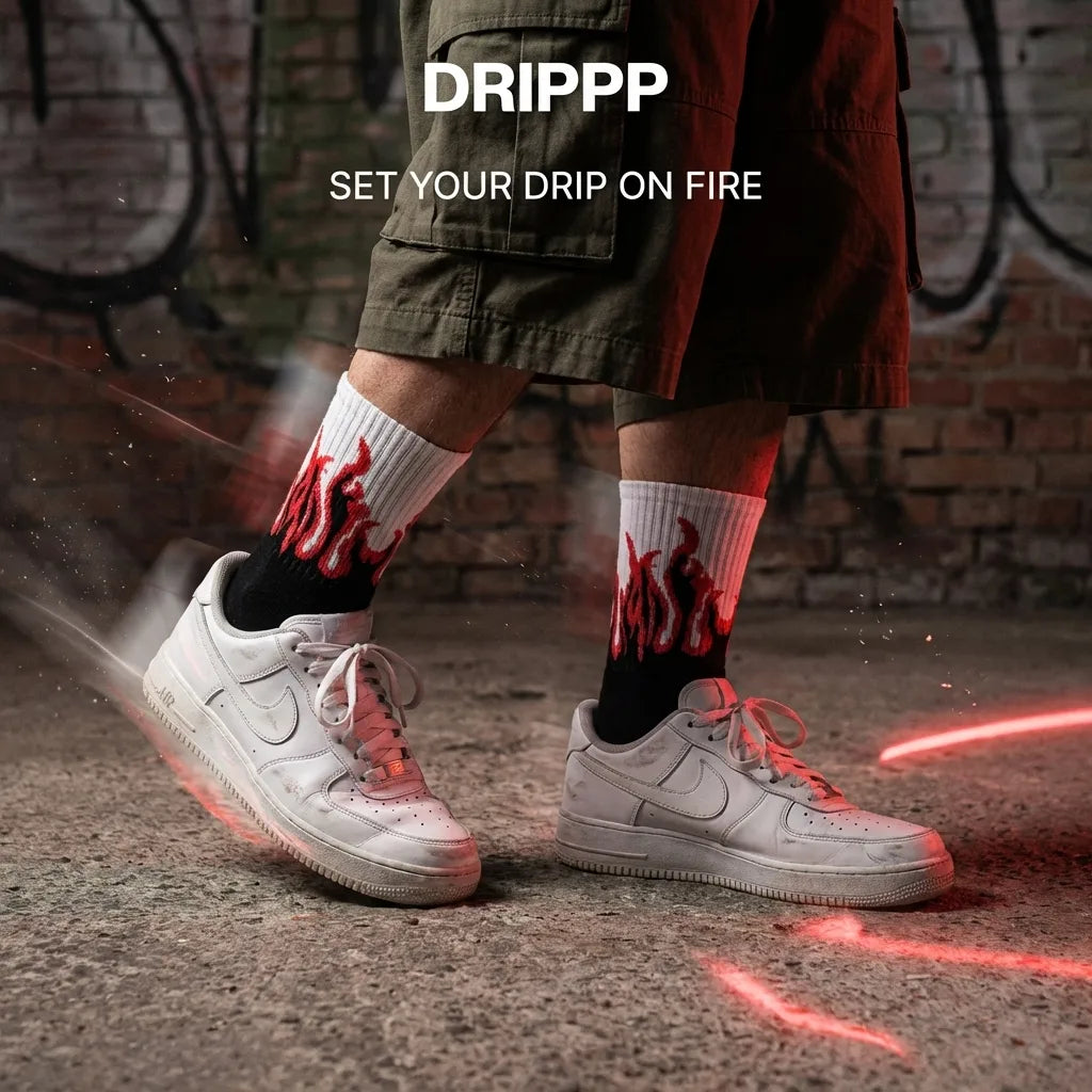Red Flame Crew Socks (Single Pair) | Fire Aesthetic Streetwear Socks | Premium Cotton DRIP Style