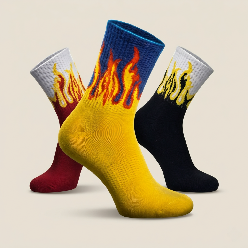 Men Flame Design Crew Socks Pack of 3 | Streetwear Fire Socks | Premium Cotton Aesthetic Socks