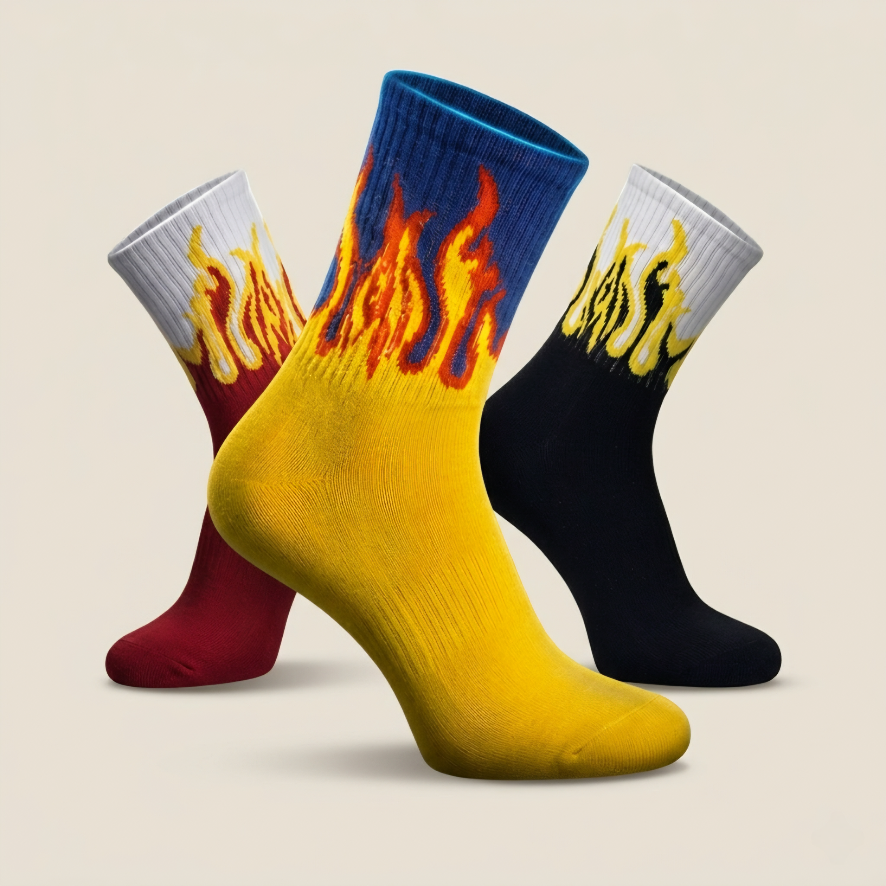 Men Flame Design Crew Socks Pack of 3 | Streetwear Fire Socks | Premium Cotton Aesthetic Socks